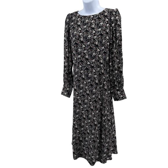 Ann Taylor LOFT Floral Midi Dress WMNS 2 Black Puff Sleeve High Neck Zip Slit LS - Picture 3 of 16
